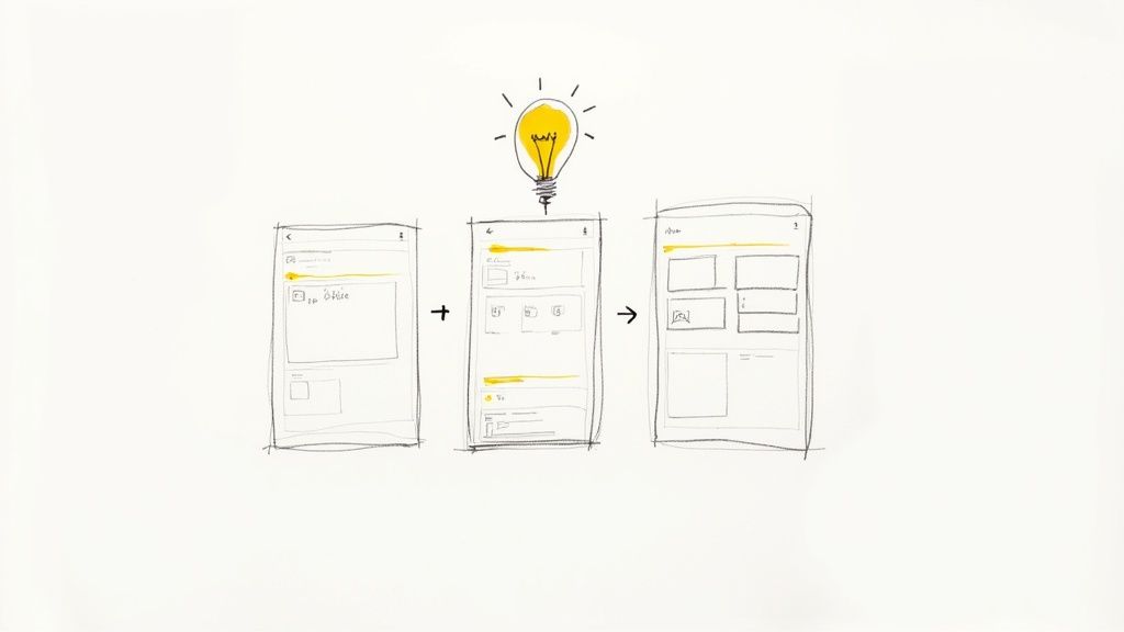 Hand-drawn lightbulb above three sequential mobile app wireframes illustrating a design process.