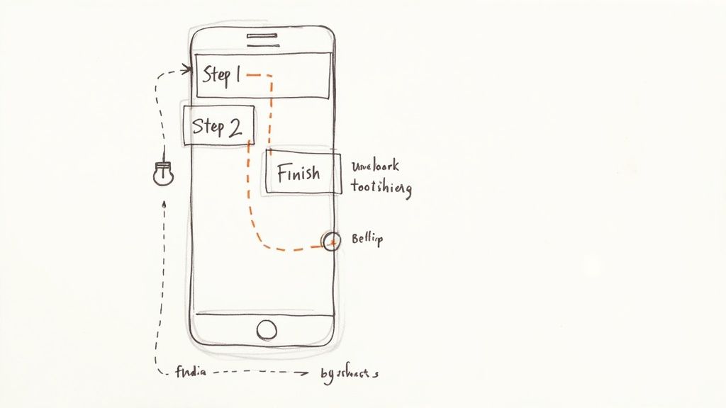 A hand-drawn sketch of a smartphone displaying a user flow diagram with 'Step 1', 'Step 2', and 'Finish' blocks connected by arrows.