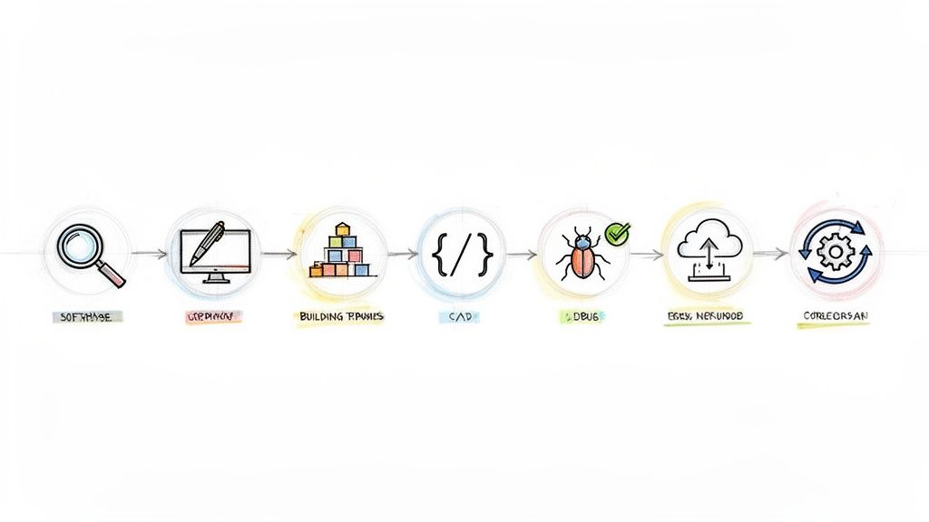 An illustrative diagram outlining the seven stages of a custom software development process.