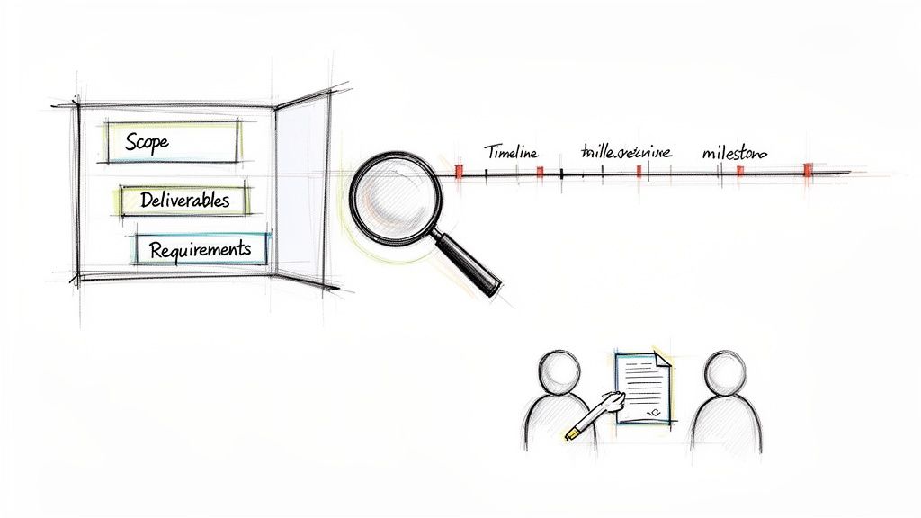 A hand-drawn illustration depicting project management elements: scope, deliverables, requirements, timeline, milestones, and contract signing.