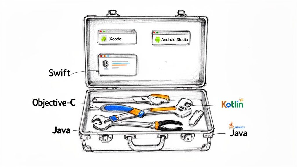 An open briefcase containing development tools like Xcode, Android Studio, Swift, Java, Kotlin, and Objective-C.