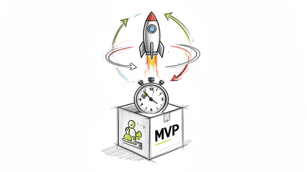 Illustration of a rocket launching with iteration arrows, a stopwatch, and an MVP product box.