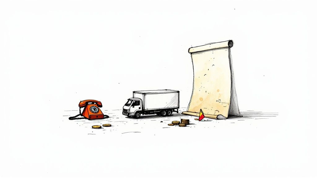 Illustrated old telephone, delivery truck, coins, and large scroll on a white background.