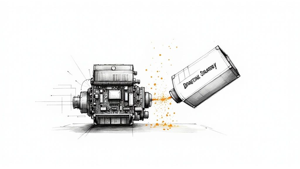 A digital marketing team collaborating on a strategy for a technology company