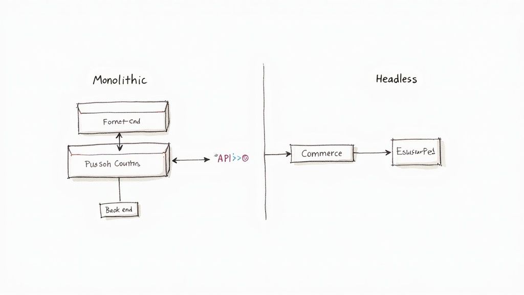 Diagram illustrating the architecture comparison between monolithic and headless e-commerce platforms.