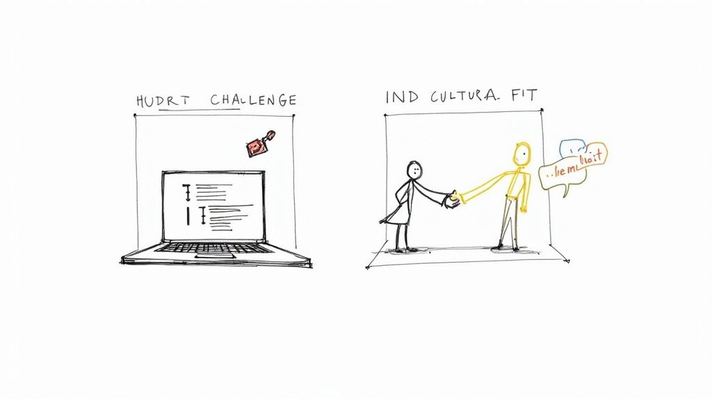 A whiteboard sketch illustrating a 'HUDRT Challenge' with a laptop and 'Individual Cultural Fit' with two figures shaking hands.