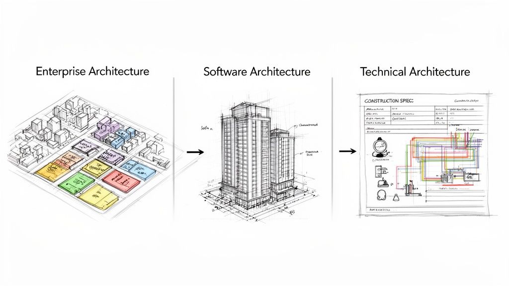 Diagram illustrating the progression from enterprise to software to technical architecture using building analogies.