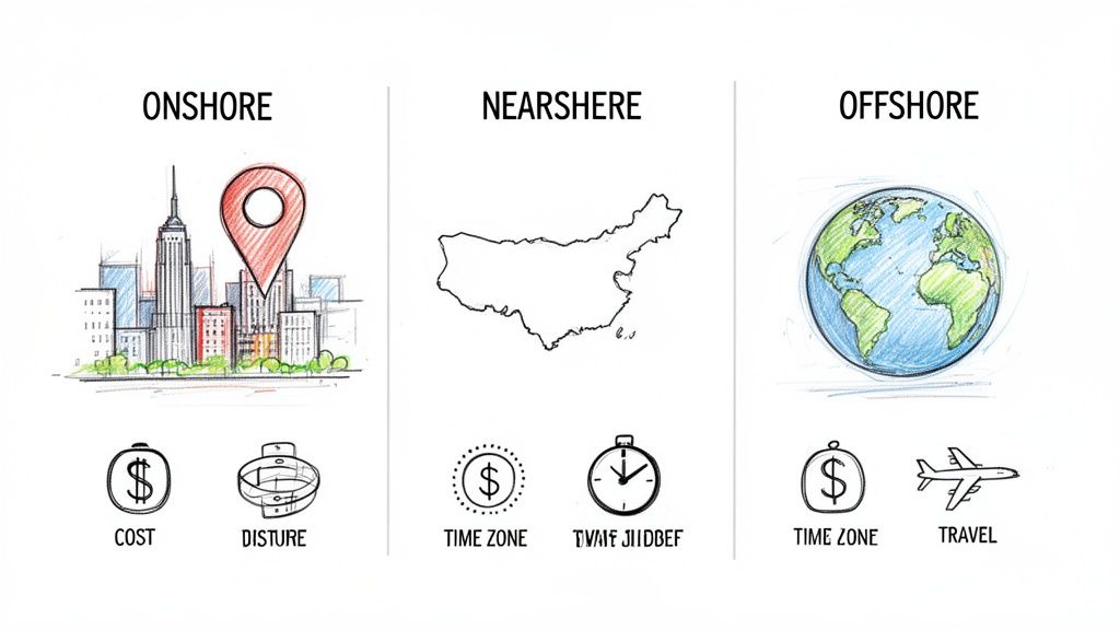 An infographic comparing onshore, nearshore, and offshore outsourcing models with icons for cost, time, and travel.