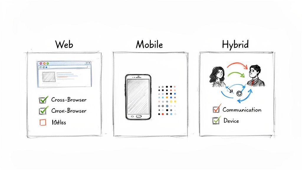 Illustration showing web, mobile, and hybrid application strategies with features like cross-browser compatibility and communication.