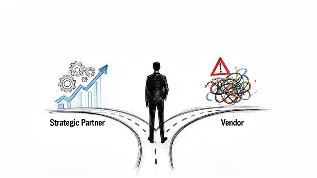 Businessman at a crossroads, choosing between a strategic partner offering growth or a problematic vendor.