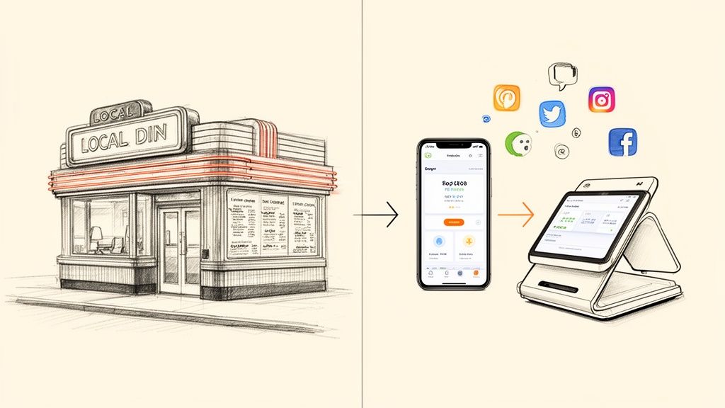 Sketch of a local diner transforming into a modern digital business with a smartphone, POS, and social media.