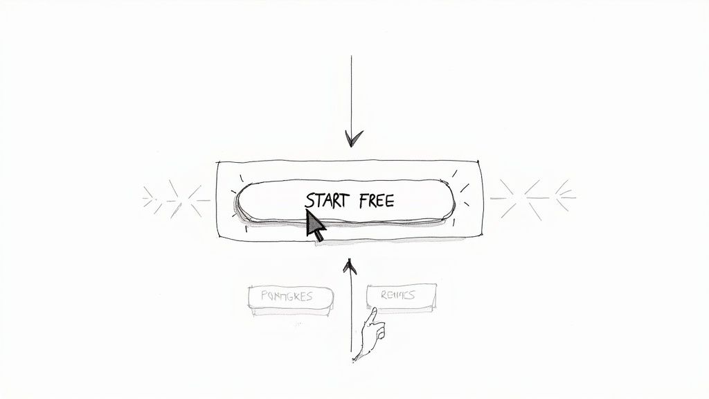 Hand-drawn diagram shows a 'START FREE' button, with a mouse cursor hovering over it, indicating a click.