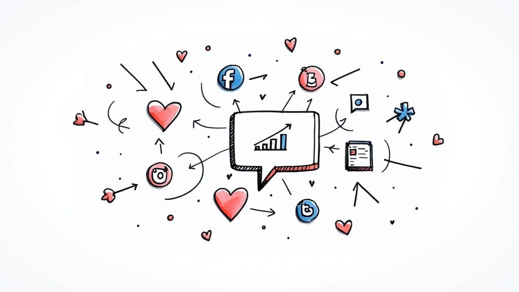 Social media marketing strategy illustration with growth chart, hearts, and platform icons connected by arrows