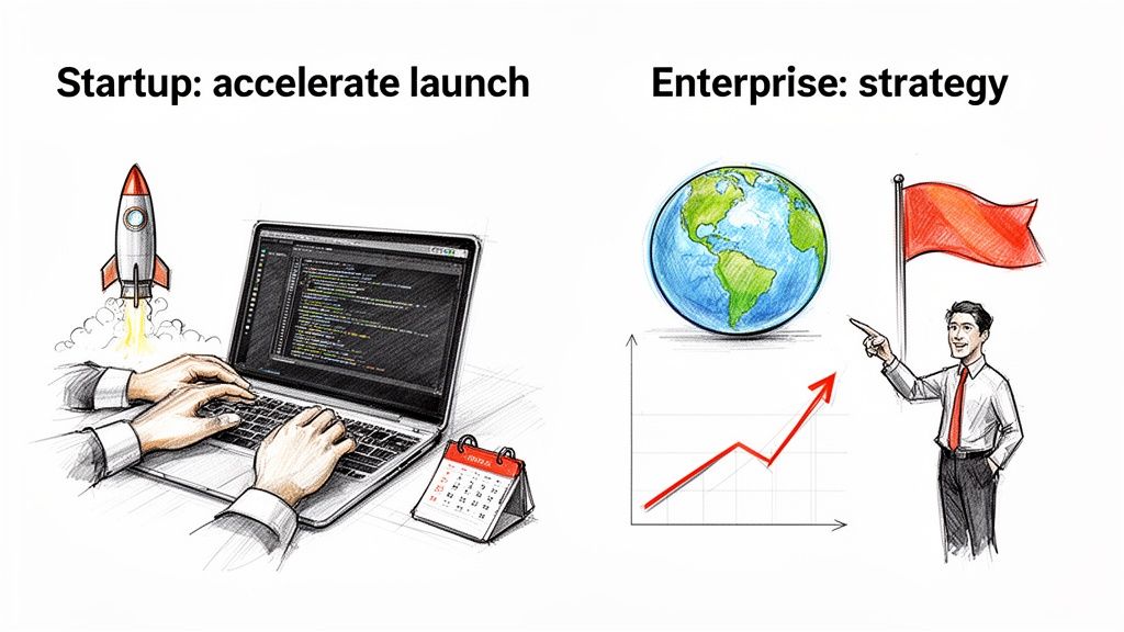 Illustration contrasting a startup (fast launch, coding) with an enterprise (global strategy, growth, goals).