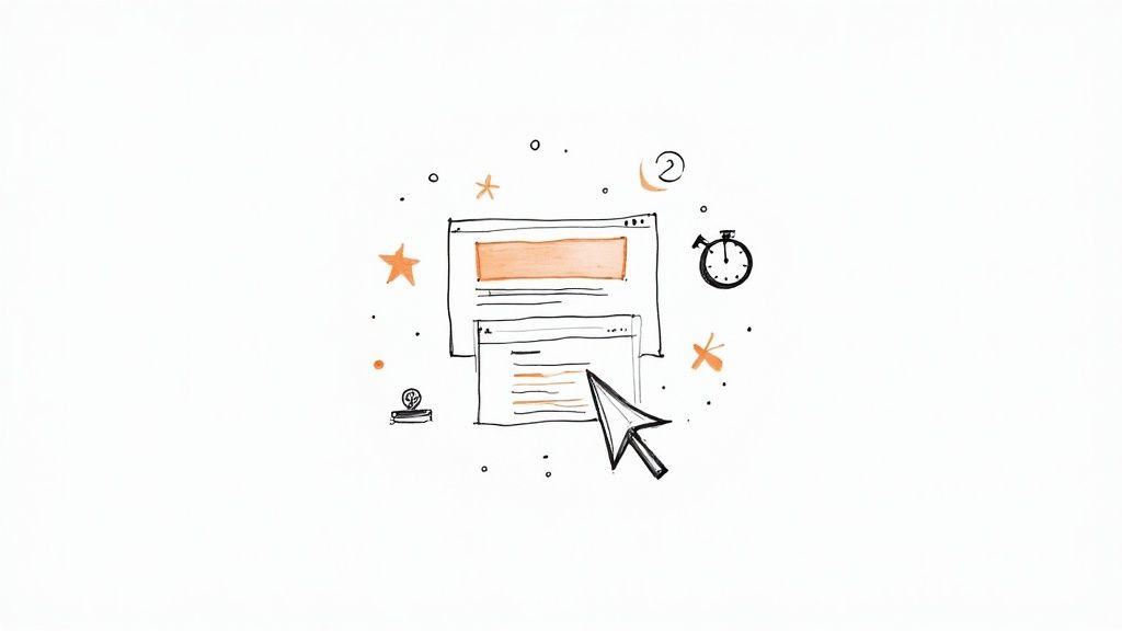 Hand-drawn illustration of web browser windows with cursor pointer and decorative stars representing digital services