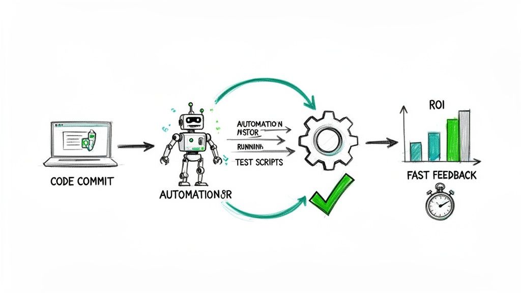 A workflow diagram illustrating test automation from code commit to fast feedback and ROI improvement.