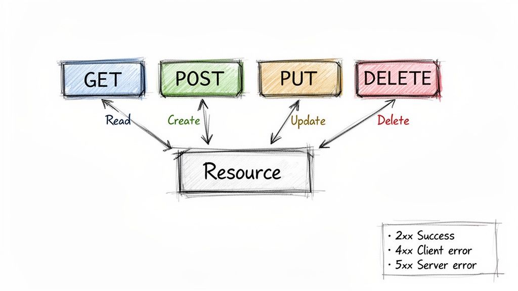 A diagram explaining REST API HTTP methods GET, POST, PUT, DELETE and their CRUD operations on a resource.