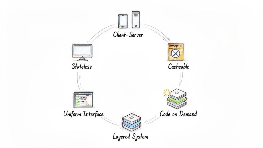 Diagram showing the six REST architectural constraints: Client-Server, Cacheable, Code on Demand, Layered System, Uniform Interface, and Stateless.