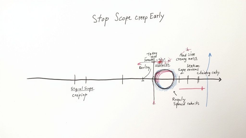A person using a magnifying glass to inspect a project plan on a tablet, symbolizing the act of spotting scope creep.