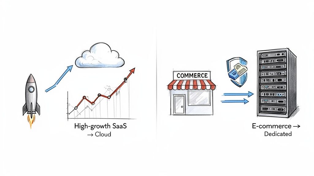 Comparison illustrating high-growth SaaS utilizing cloud infrastructure versus e-commerce using dedicated servers.