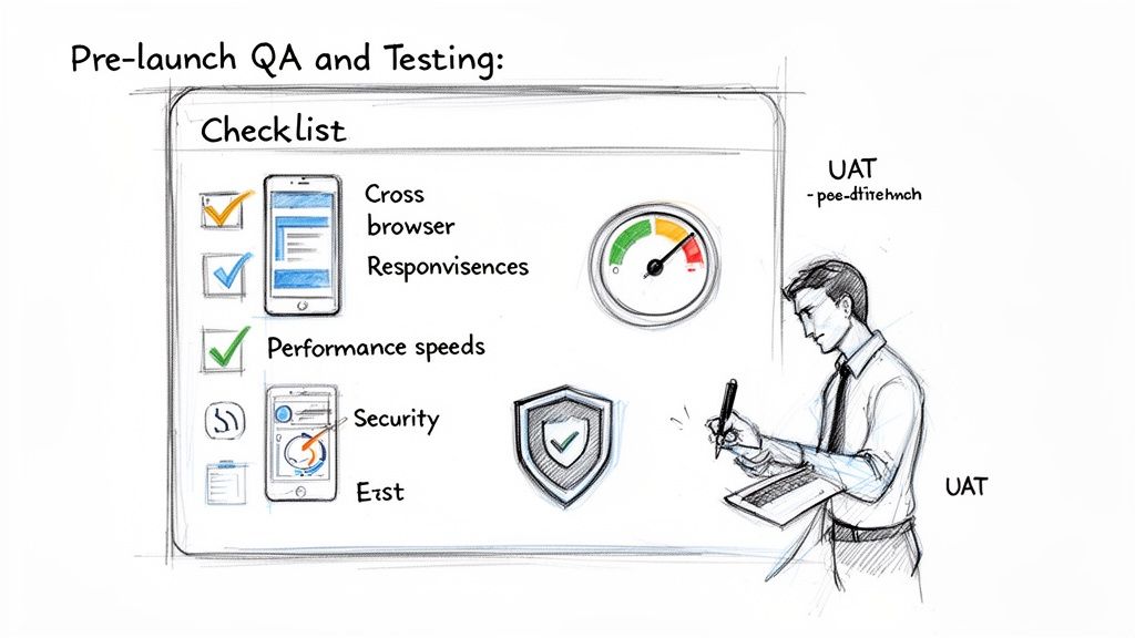 A hand-drawn checklist for pre-launch QA testing, covering cross-browser, responsiveness, performance, security, and UAT.