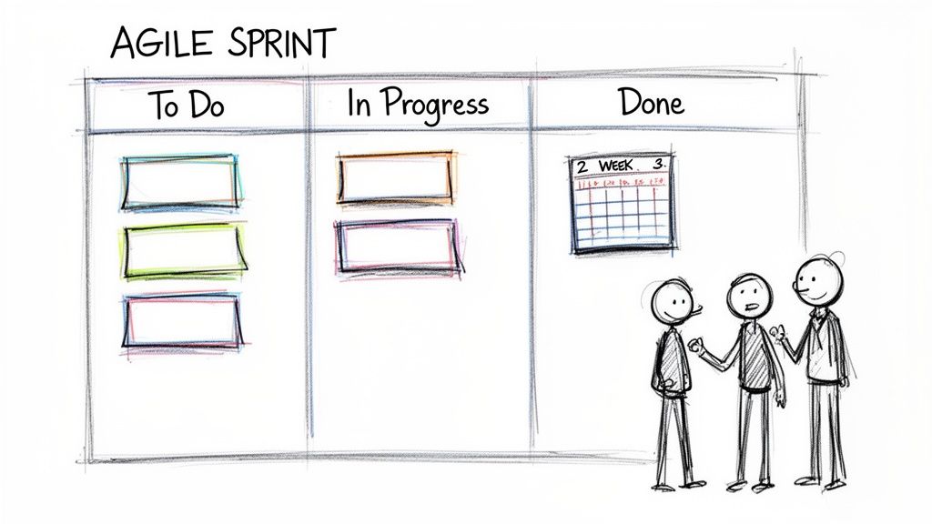 Hand-drawn Agile Sprint board showing 'To Do', 'In Progress', 'Done' columns, with a team discussing.