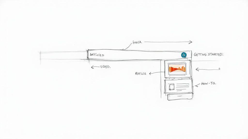 A hand-drawn wireframe showing a search bar with dropdown suggestions including articles, videos, and how-to guides.