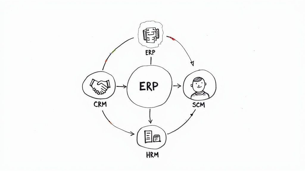 Diagram showing ERP as a central hub integrating CRM, SCM, and HRM enterprise applications.