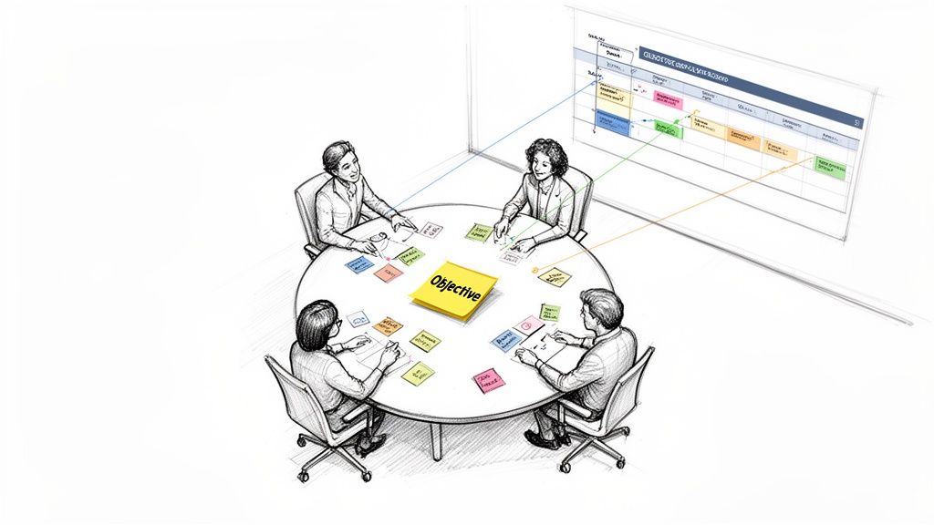 Team collaborating with sticky notes on a round table, mapping a customer journey or project.