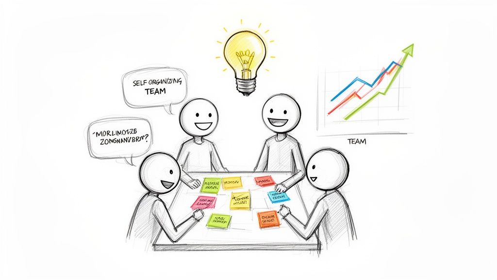 Four stick figures at a table with sticky notes, a lightbulb, and a graph, depicting a self-organizing team.
