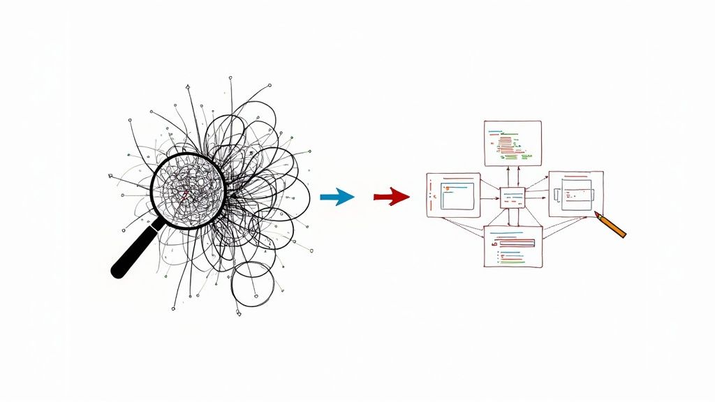 A magnifying glass examines a tangled mess of lines, transforming into an organized diagram with interconnected boxes and a pencil.