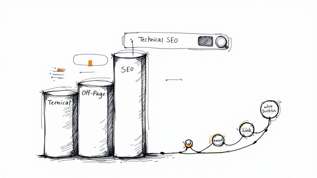 A hand holding a magnifying glass over a laptop screen showing website analytics and graphs, symbolizing SEO analysis.