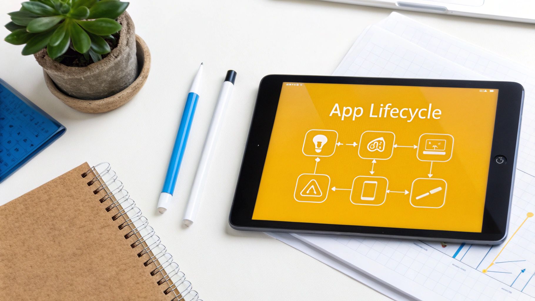 A flowchart showing the stages of the mobile app development lifecycle, from idea to maintenance.