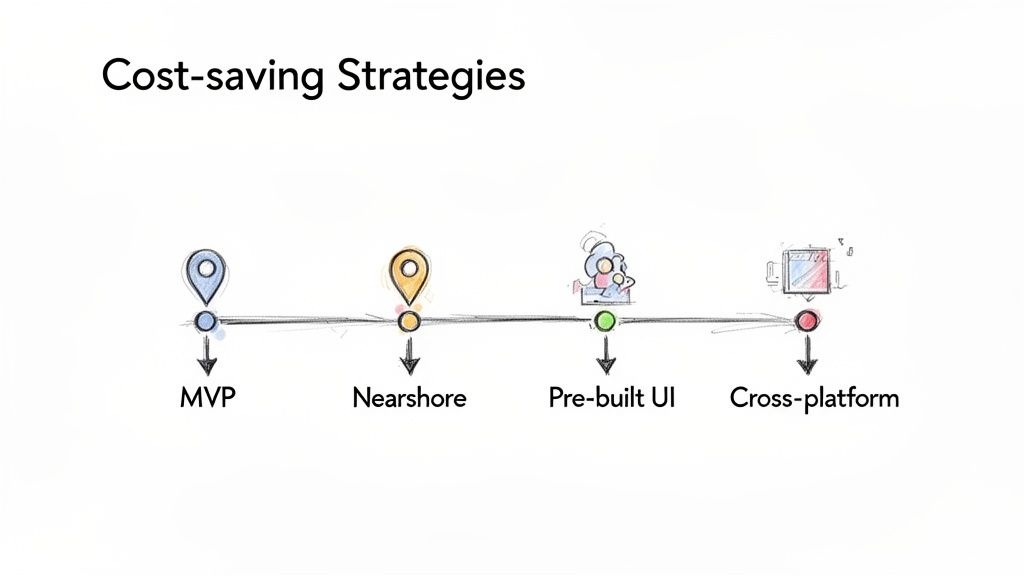A diagram titled 'Cost-saving Strategies' showing a timeline with steps: MVP, Nearshore, Pre-built UI, and Cross-platform.