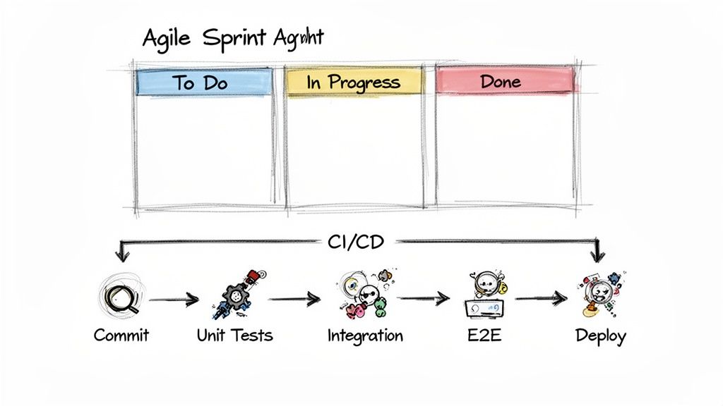 Diagram illustrating an Agile Sprint board with a continuous integration and deployment pipeline.