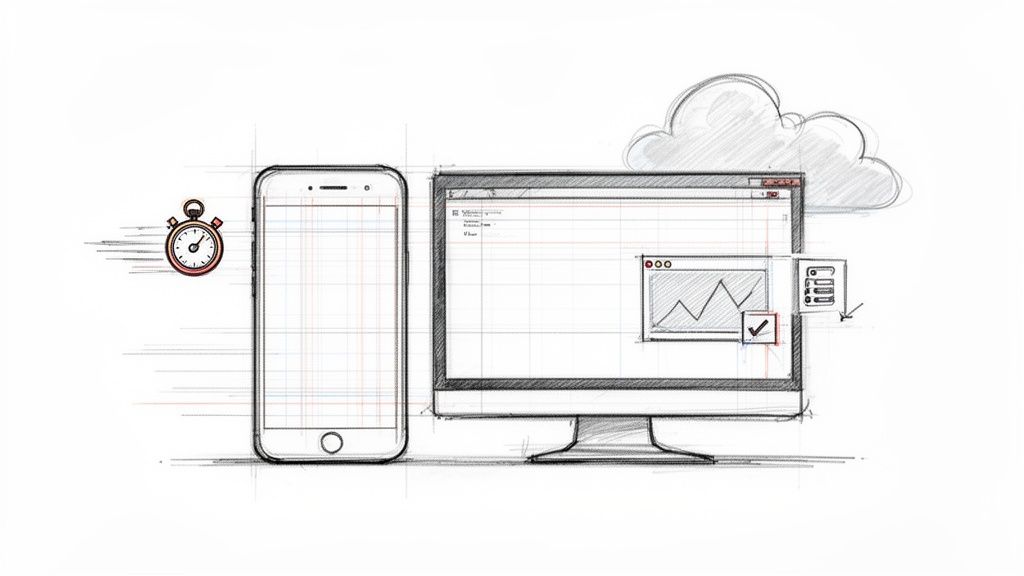 Sketch of a smartphone, desktop monitor displaying charts, cloud, and a stopwatch, illustrating speed and connectivity.