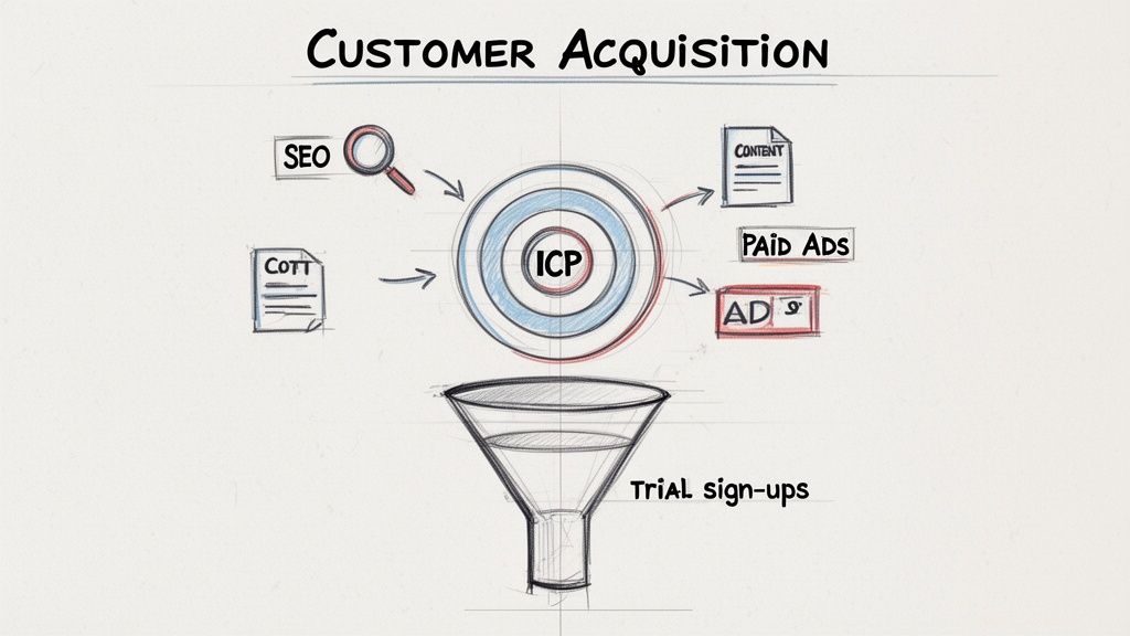 Diagram illustrating customer acquisition strategies like SEO, content, and paid ads targeting ICP, leading to trial sign-ups.