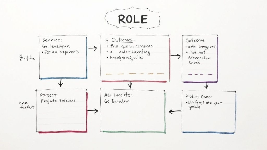 A person at a desk carefully drafting project role descriptions on a laptop.