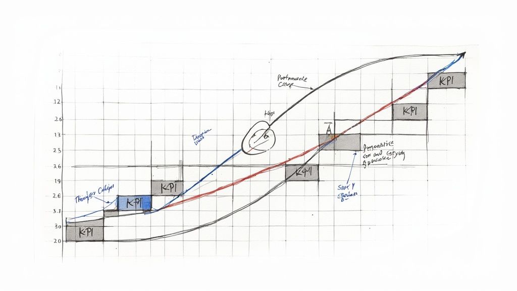 A person at a desk analyzing performance charts and graphs on a computer screen, with a physical calendar in the background.