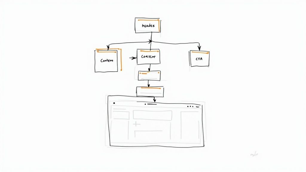 A flowchart showing header, content, and CTA elements flowing into a website layout diagram.
