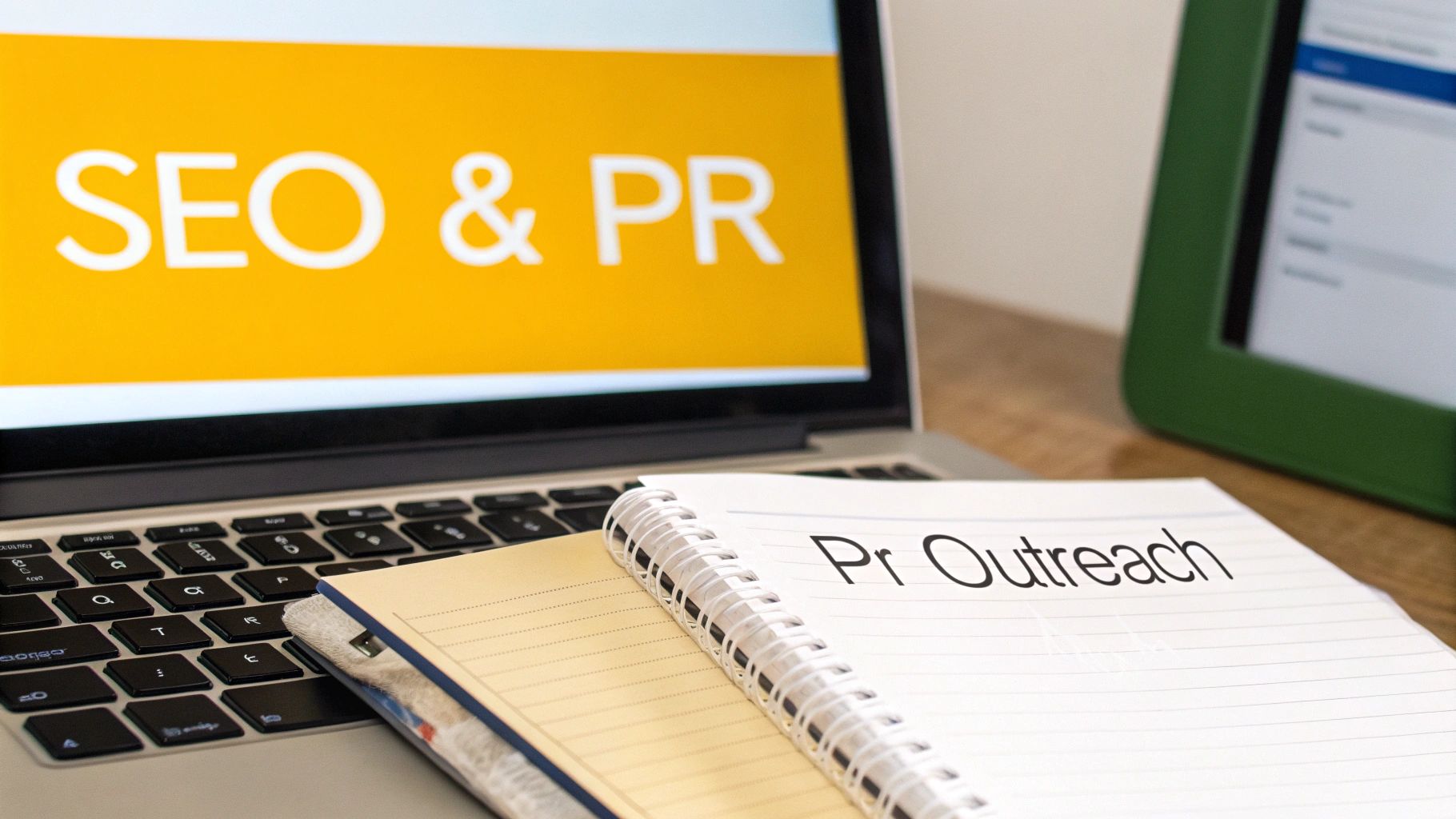 Two people collaborating on a laptop, with charts and graphs in the background, representing the strategic partnership of SEO and PR efforts.
