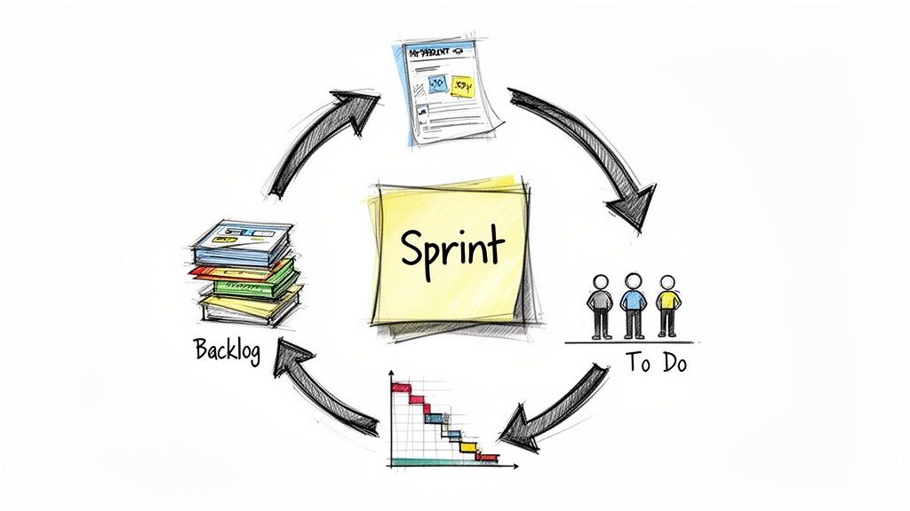 An illustrated diagram showing the Agile Scrum project management workflow cycle with Sprint, Backlog, To Do, and a chart.