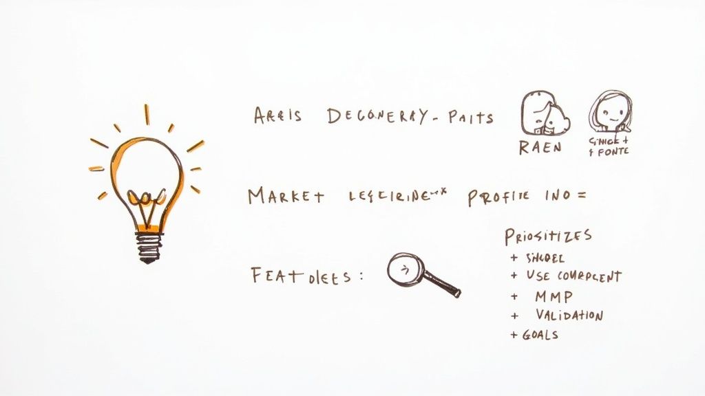 Hand-drawn whiteboard notes for mobile app development, showing ideas, team names, market analysis, and feature prioritization.