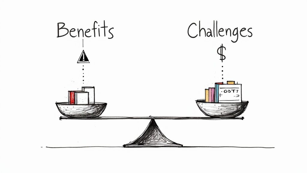 An illustration comparing benefits and challenges on an unbalanced scale, with challenges weighing more.