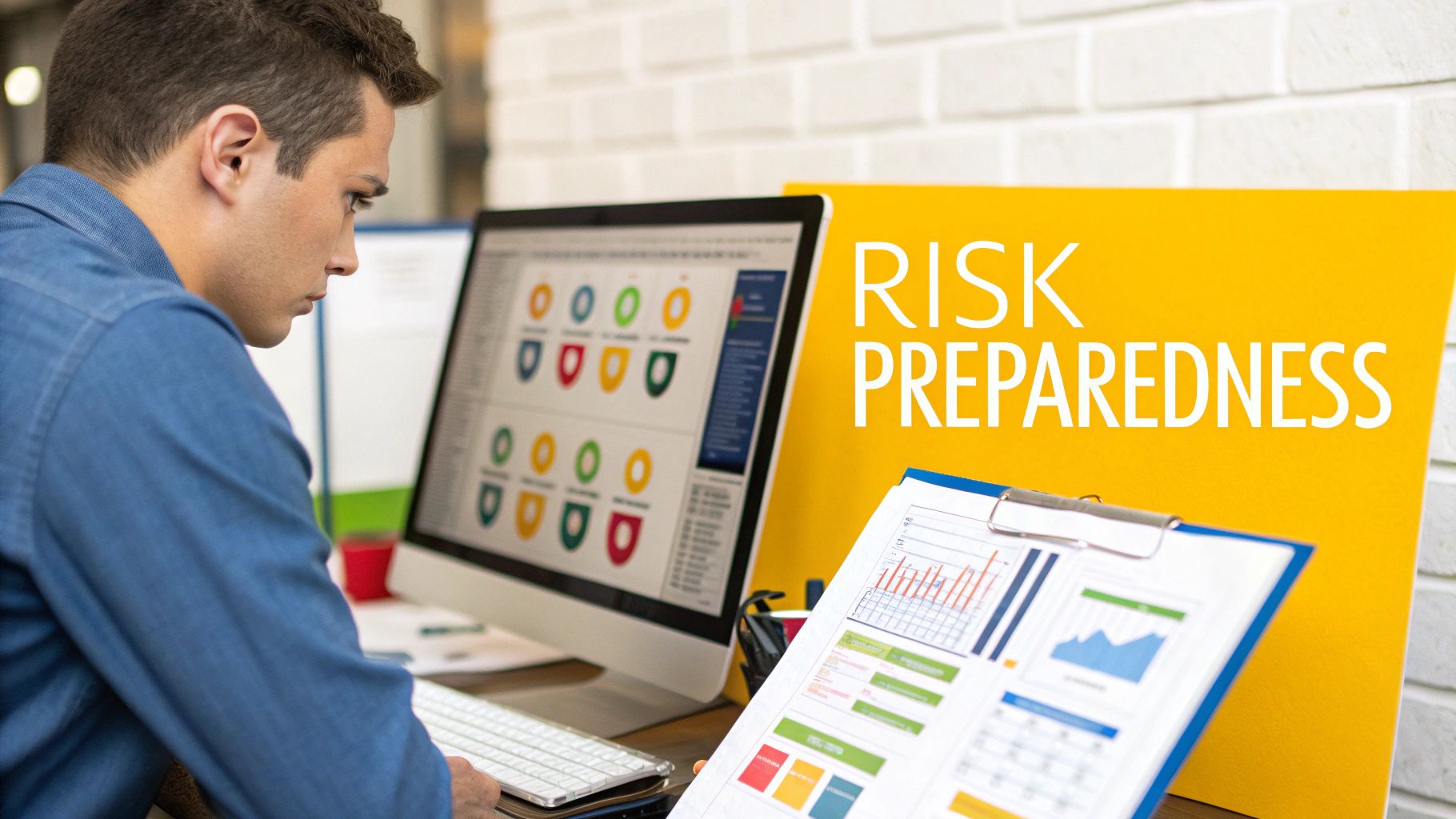 A person using a risk assessment matrix on a digital tablet