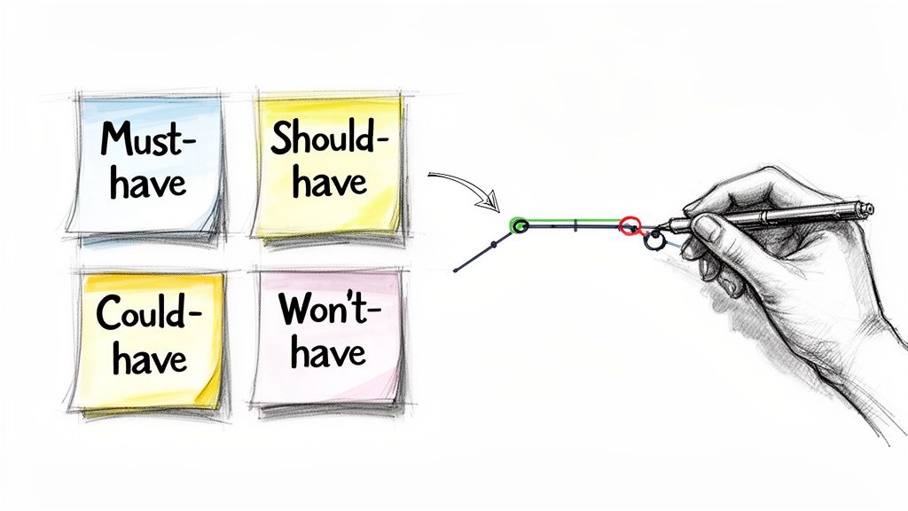 Sticky notes showing MoSCoW prioritization: Must-have, Should-have, Could-have, Won't-have, with a hand illustrating a timeline.