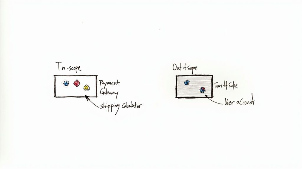 Diagram comparing in-scope payment gateway and shipping calculator versus out-of-scope third-party user account