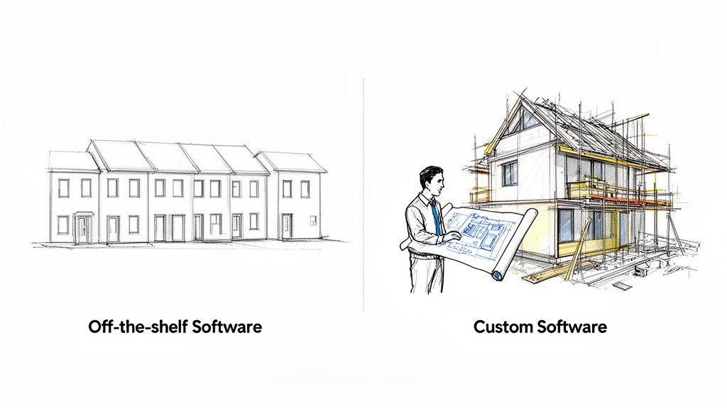 Identical houses represent off-the-shelf software; a unique house with blueprints signifies custom software.