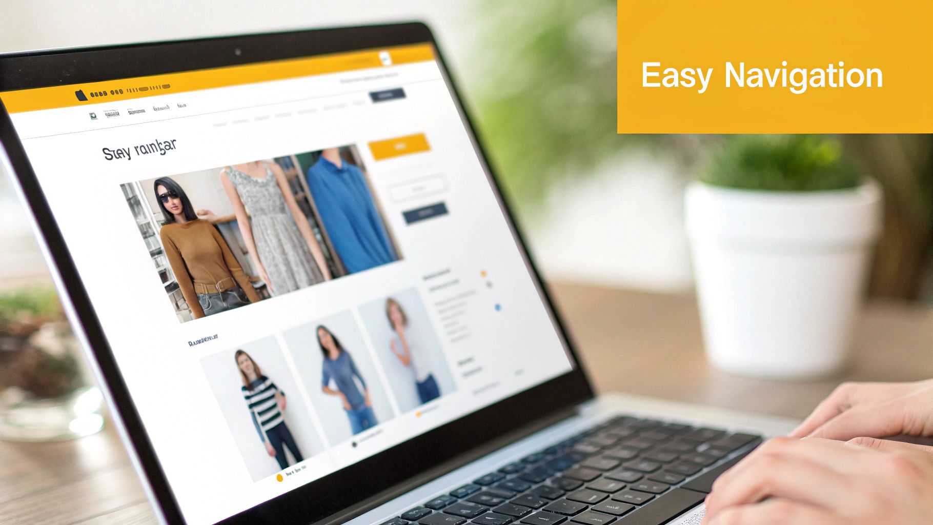 A person shopping online on a laptop, with various icons representing different aspects of the e-commerce user experience surrounding them.