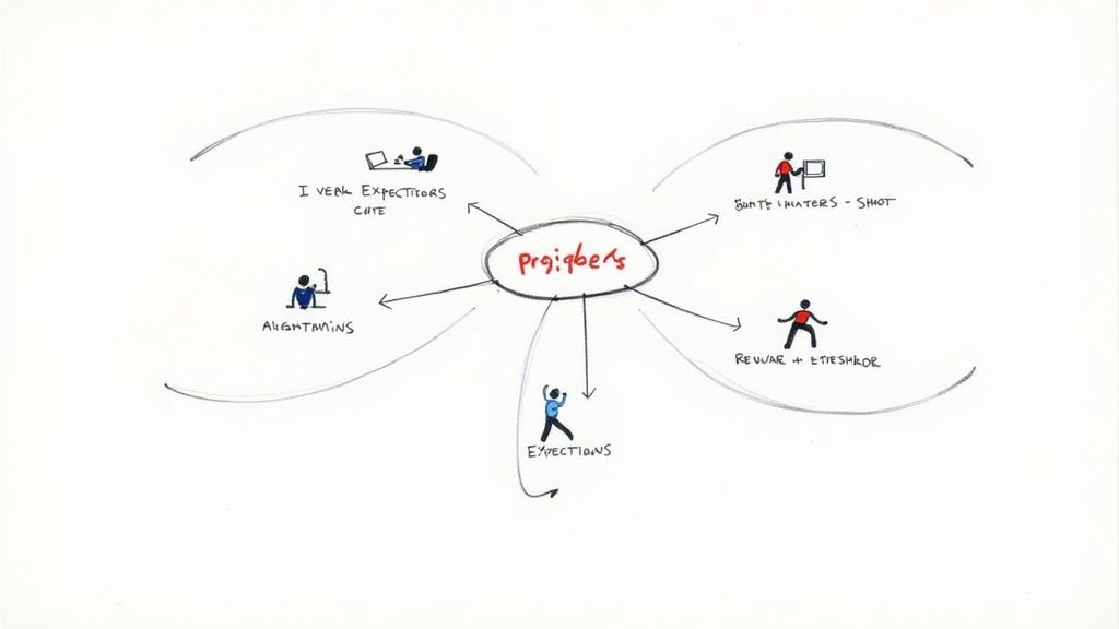 A diverse group of professionals engaged in a productive meeting, mastering stakeholder communication.